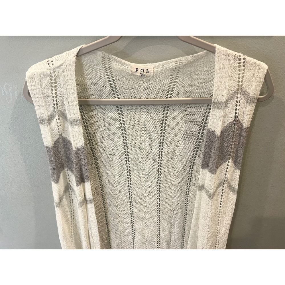 POL Open Front Crocheted Women's Duster Cardigan Size Medium Ivory Gray Chevron - Picture 2 of 6